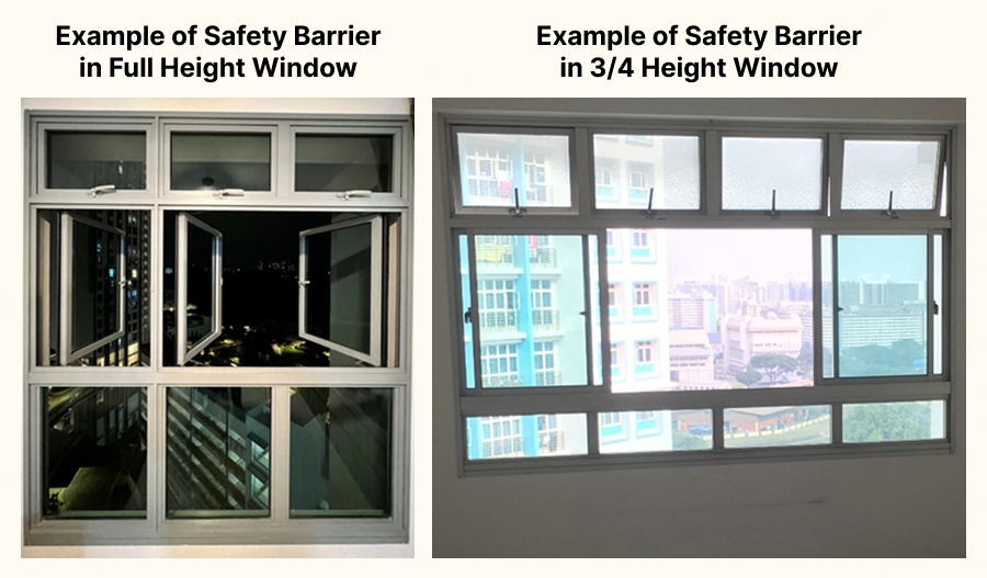Photo showing full height and 3/4 height window installed with a safety barrier to prevent falls while allowing ventilation.